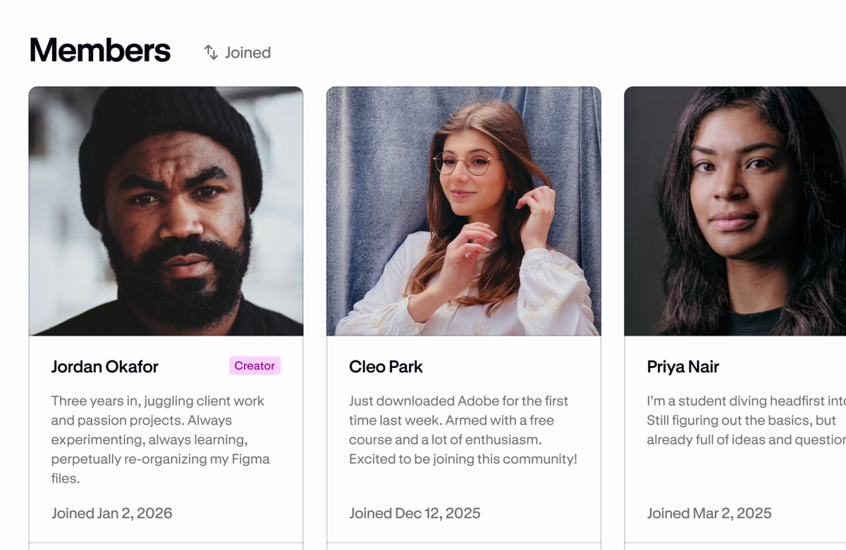 A Podia community members directory showing member profile cards with photos, bios, and join dates.