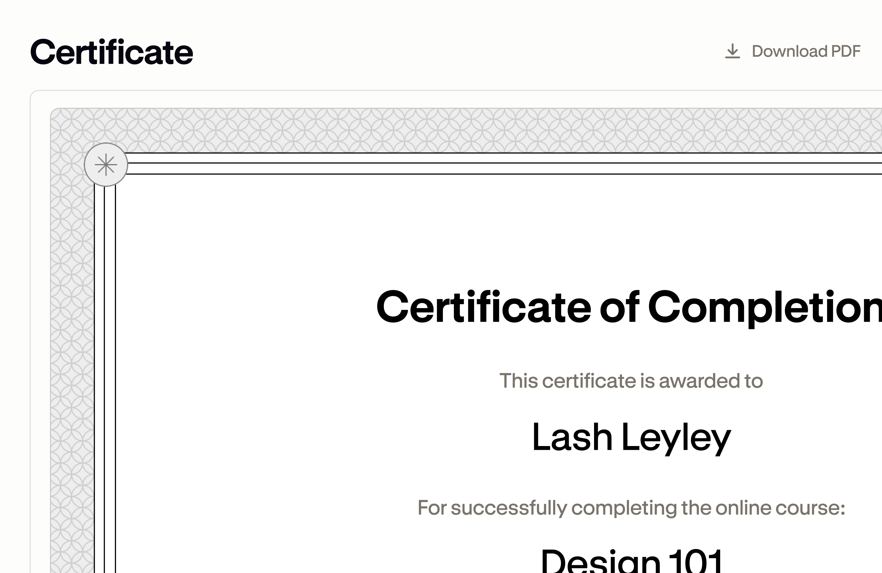 A Podia course completion certificate awarded to a student, with a download option.