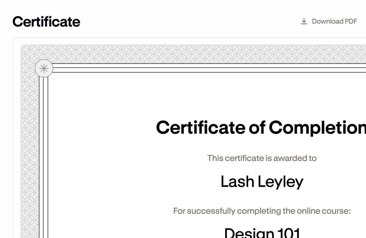 A Podia course completion certificate awarded to a student, with a download option.