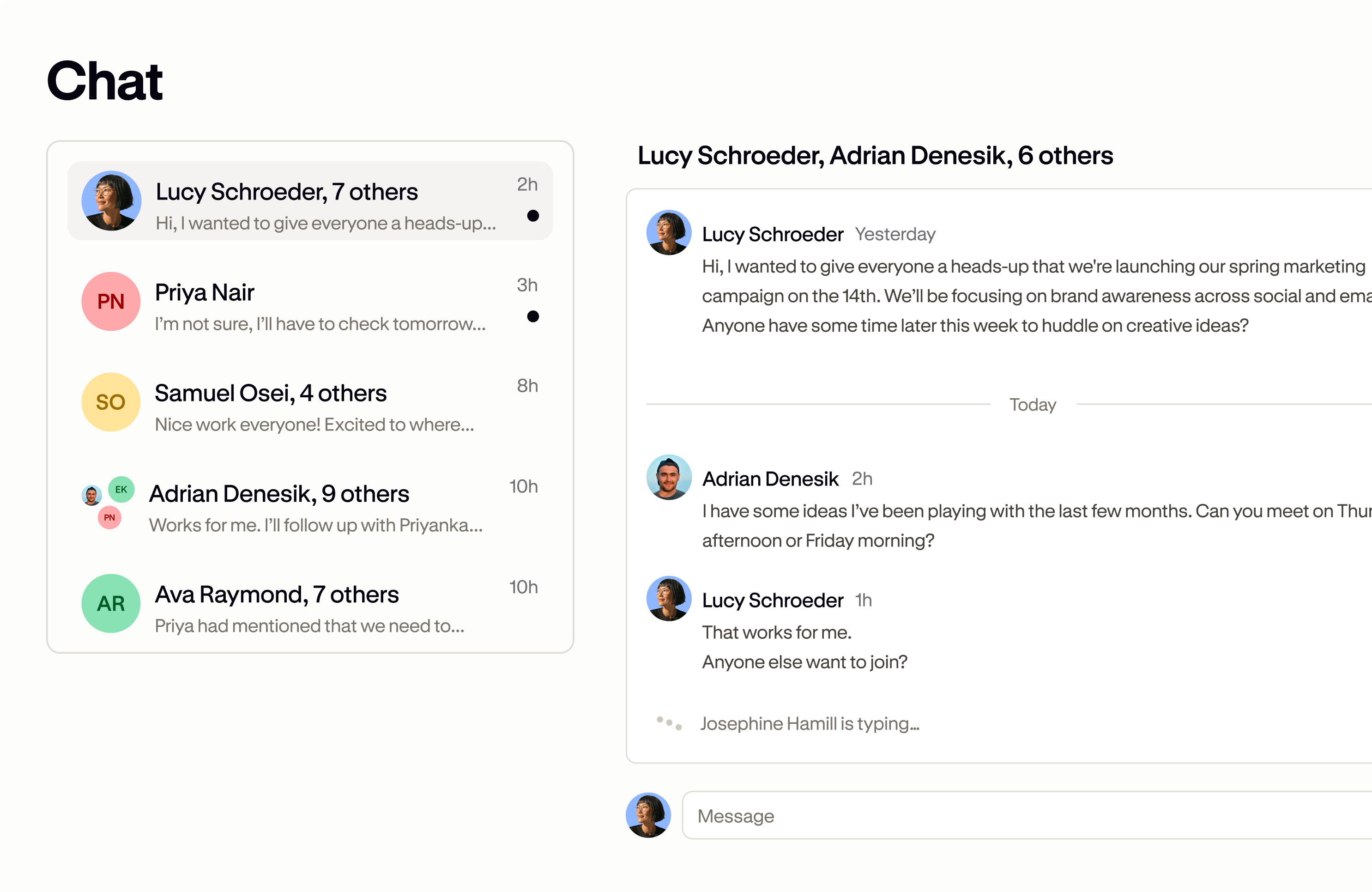 A Podia community chat showing a list of conversations and an open group message thread.