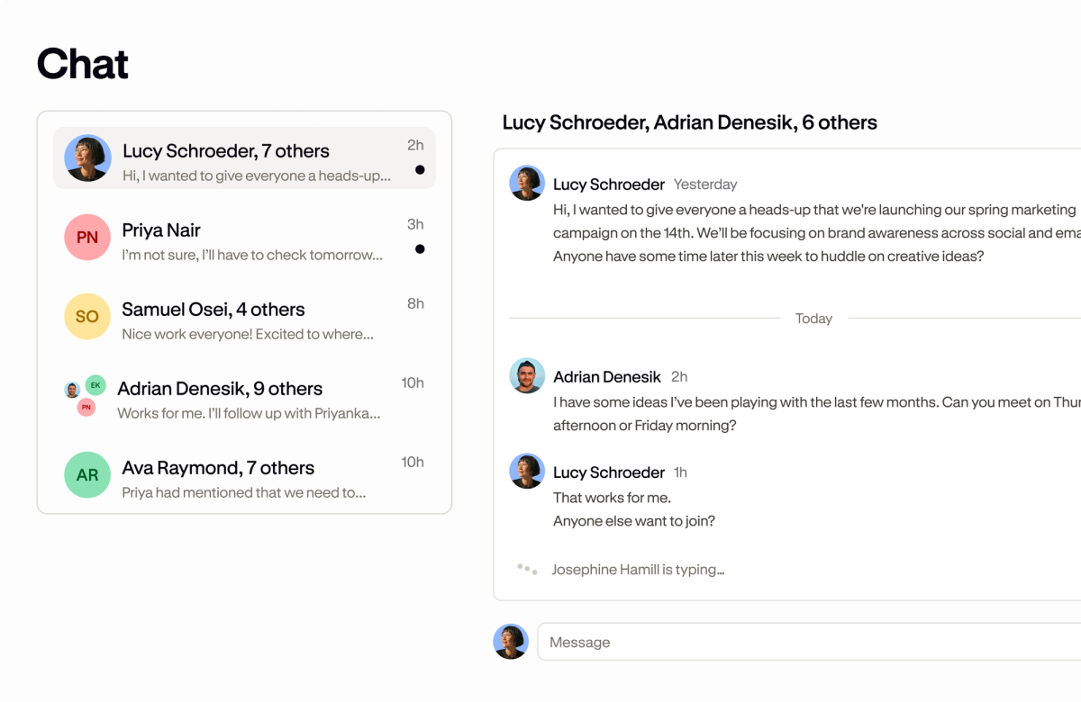 A Podia community chat showing a list of conversations and an open group message thread.
