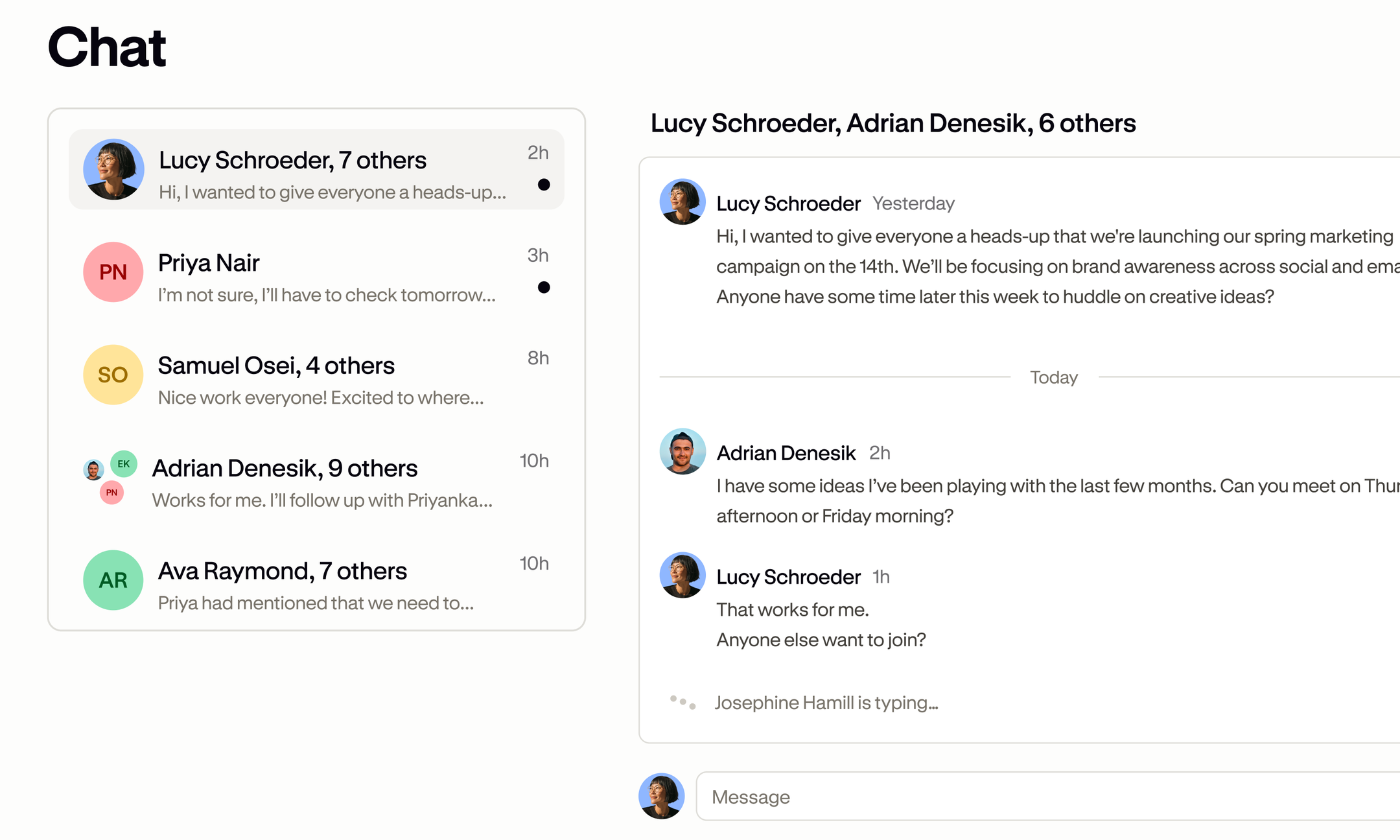 A Podia community chat showing a list of conversations and an open group message thread.