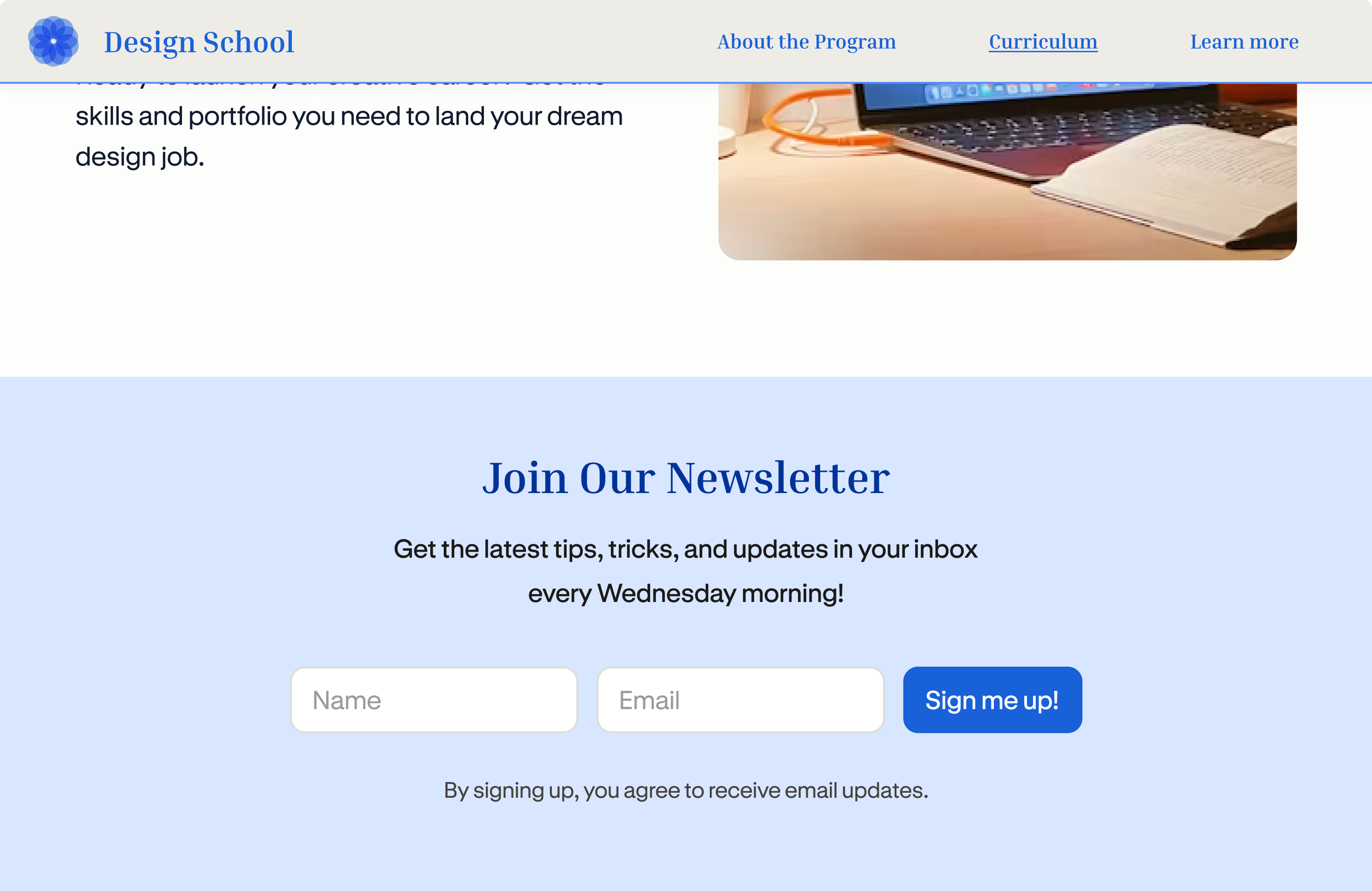 A website section built with Podia showing an embedded 'Join our newsletter' signup form with name and email fields.