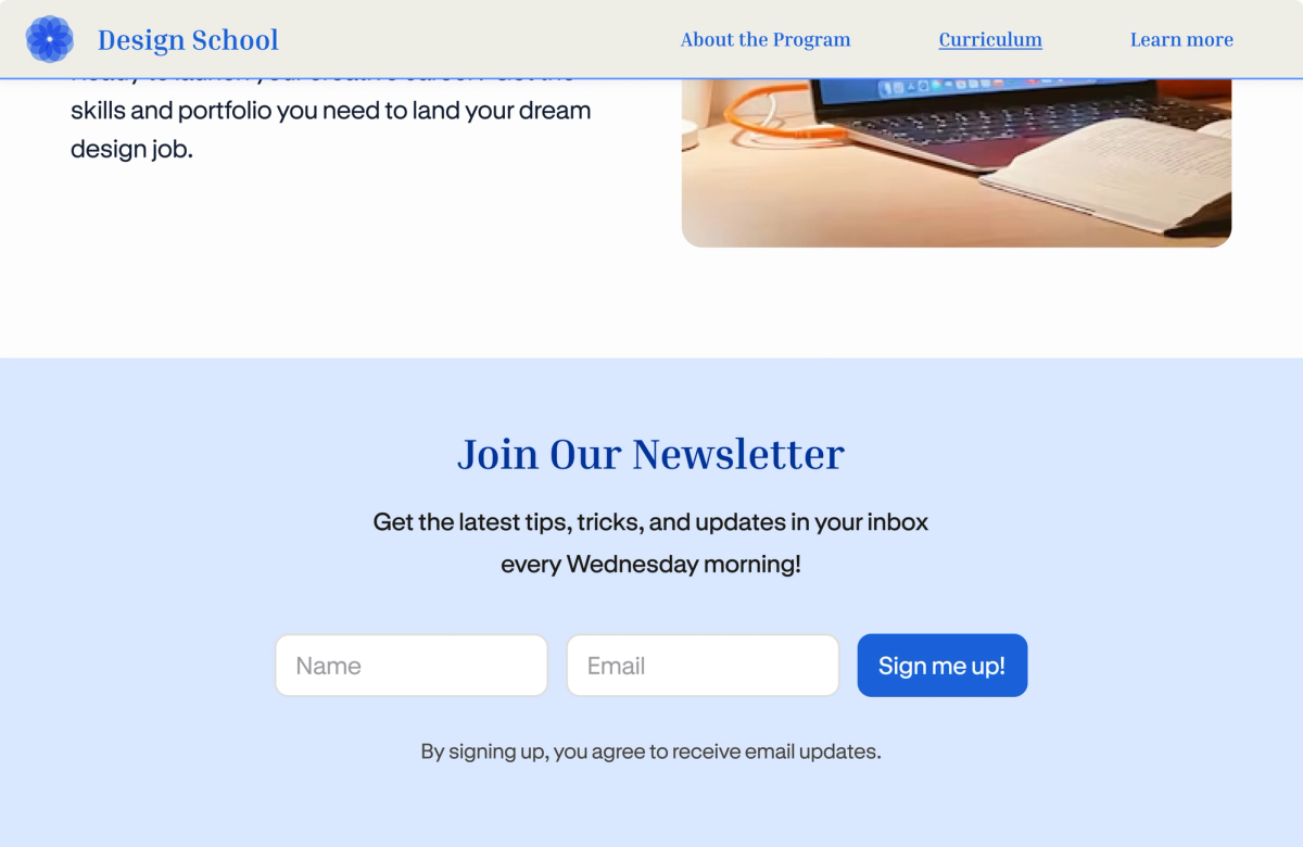A website section built with Podia showing an embedded 'Join our newsletter' signup form with name and email fields.