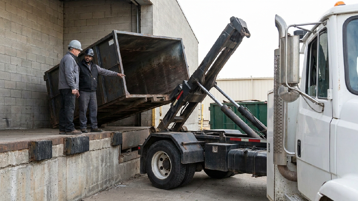 A facilities manager and hauler supervisor inspect a dumpster pickup at a facility loading dock.