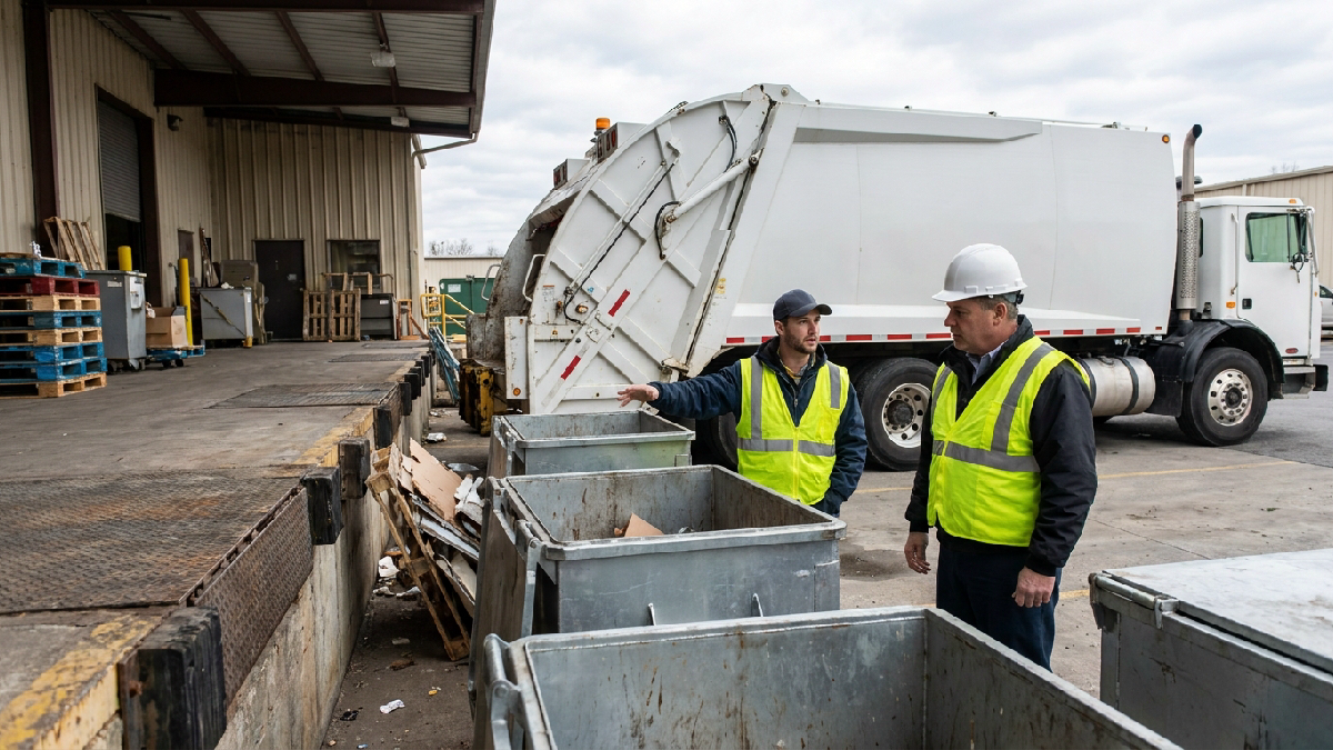 A facilities manager and hauler staff inspect container condition after collection at a loading dock.