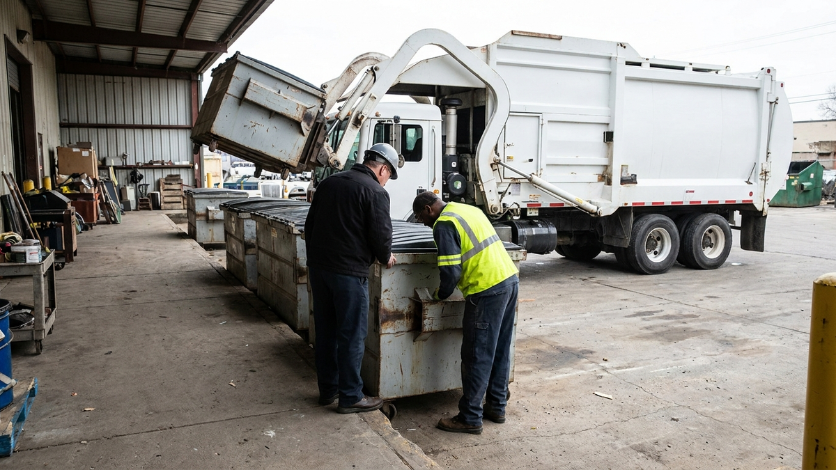 A facilities manager and hauler worker inspect containers during collection at a service yard.