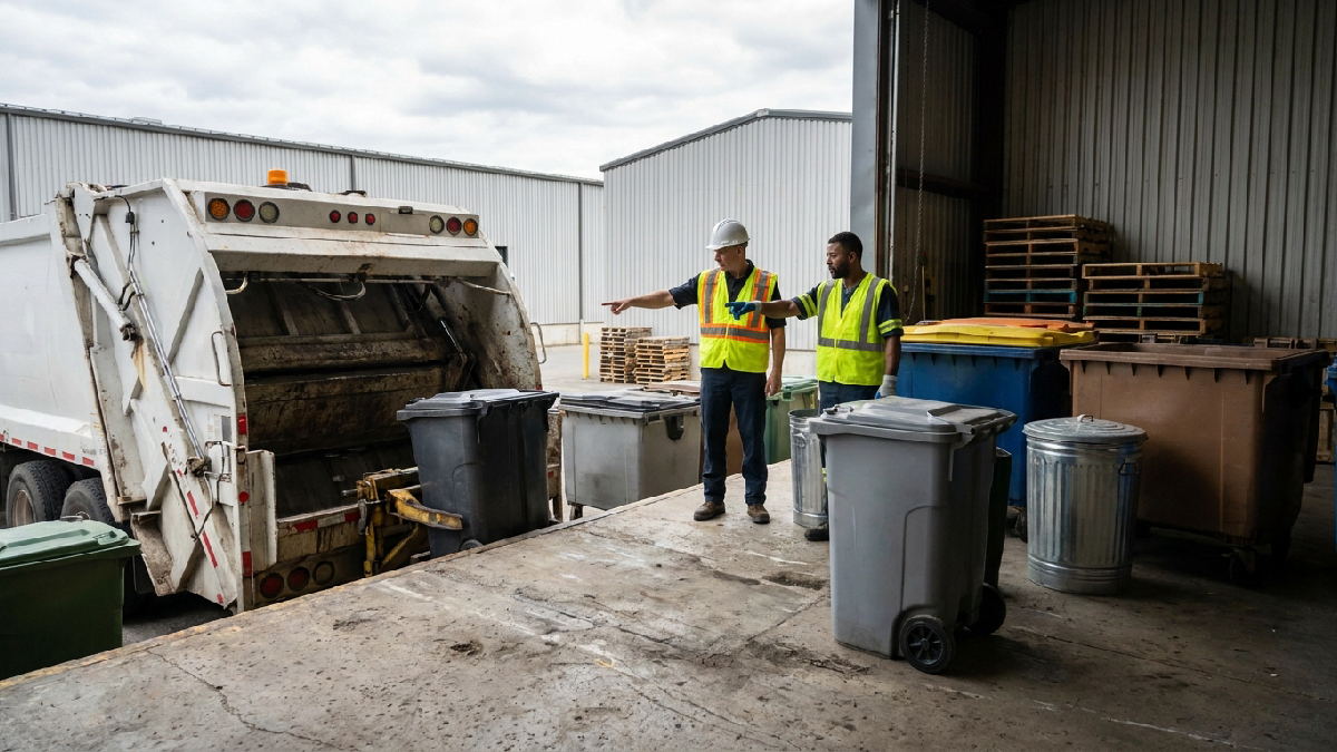 A waste coordinator and hauler worker count containers during pickup at a service yard.