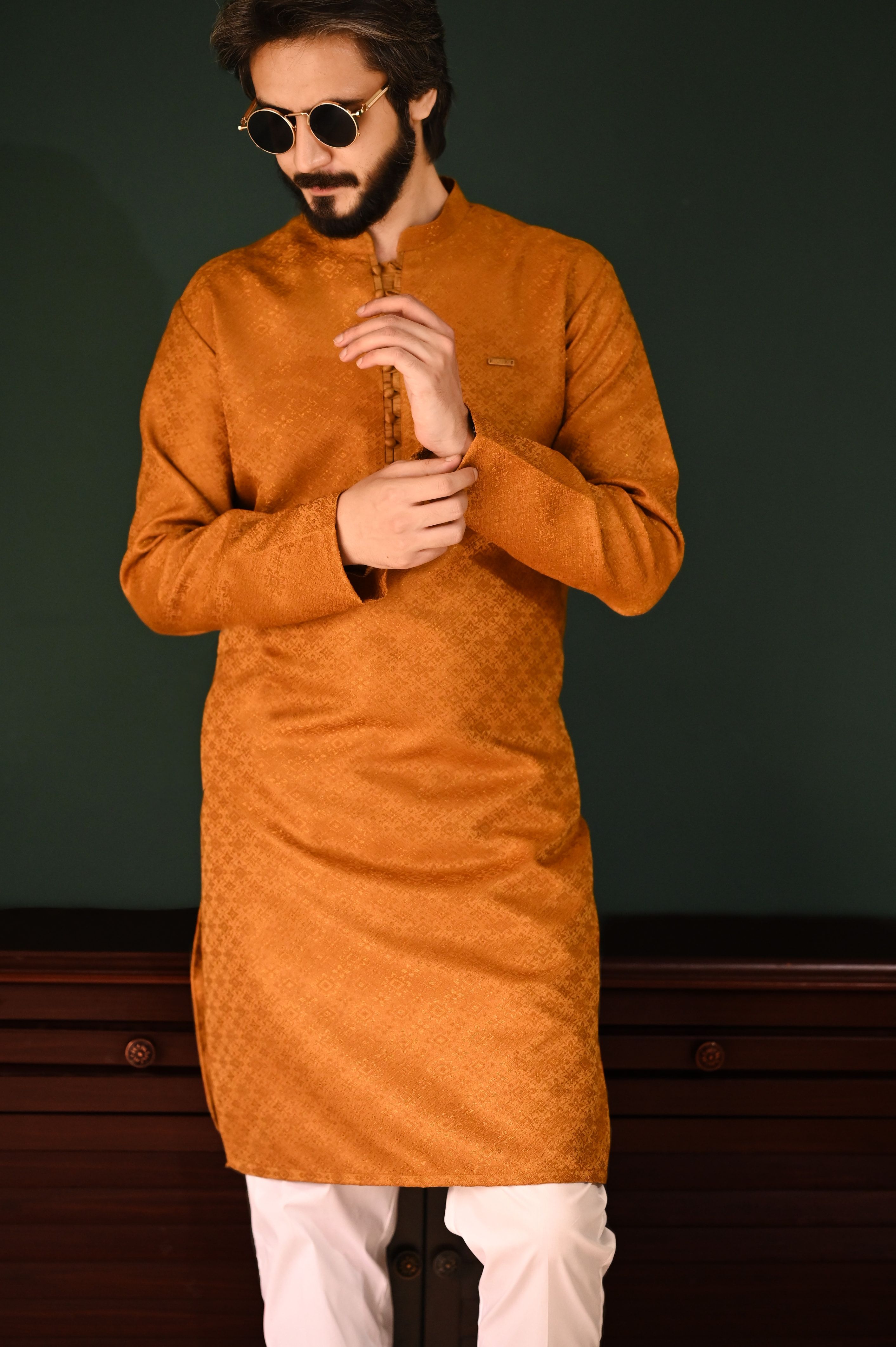 Mustard Raw Silk Self Embroidered Kurta