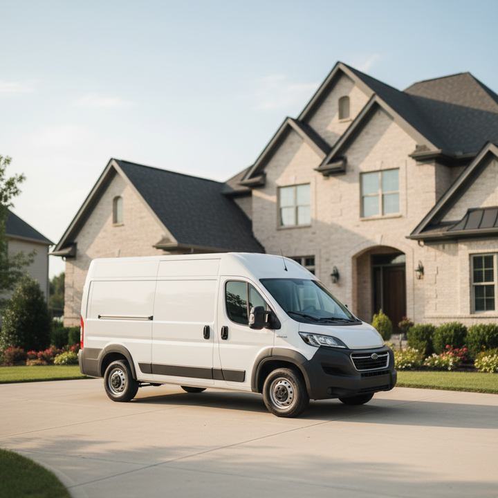 Unmarked white pest control van parked outside a suburban home, representing discreet service without drawing attention