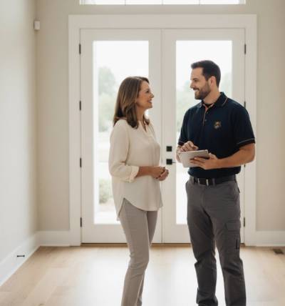 Happy homeowners standing together in a bed bug‑free living room after successful extermination by professional pest control team