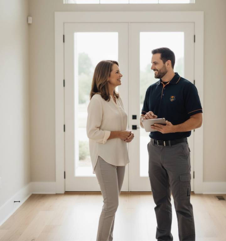 Happy homeowners standing together in a bed bug‑free living room after successful extermination by professional pest control team