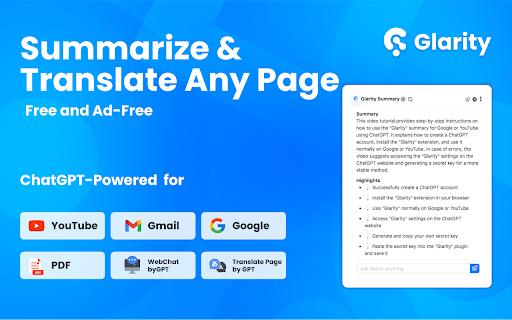 image for Glarity ChatGPT: Summary & Translate AnyPage