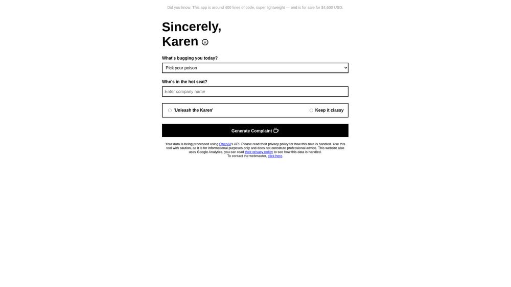 image for Sincerely Karen: Complaint Generator