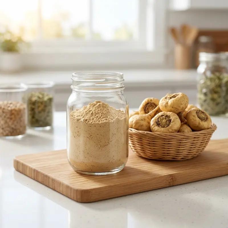 Glas mit feinem Bio-Maca-Pulver und ein Körbchen mit getrockneten Maca-Wurzeln auf einem Holzbrett