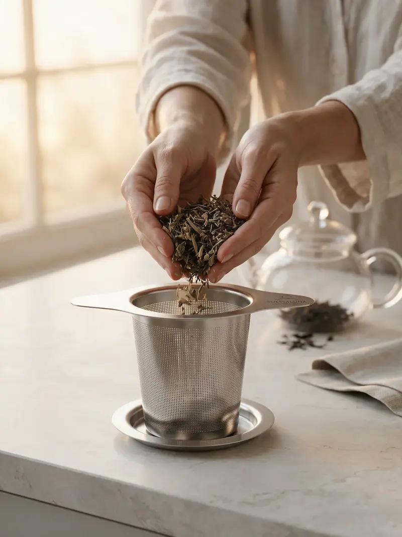 Hände füllen losen Kräutertee in das Solvialuna Edelstahl-Teesieb