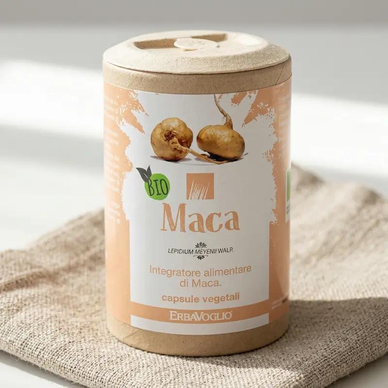 Erbavoglio Bio Maca Kapseln in nachhaltiger Kartonverpackung auf Leinenstoff