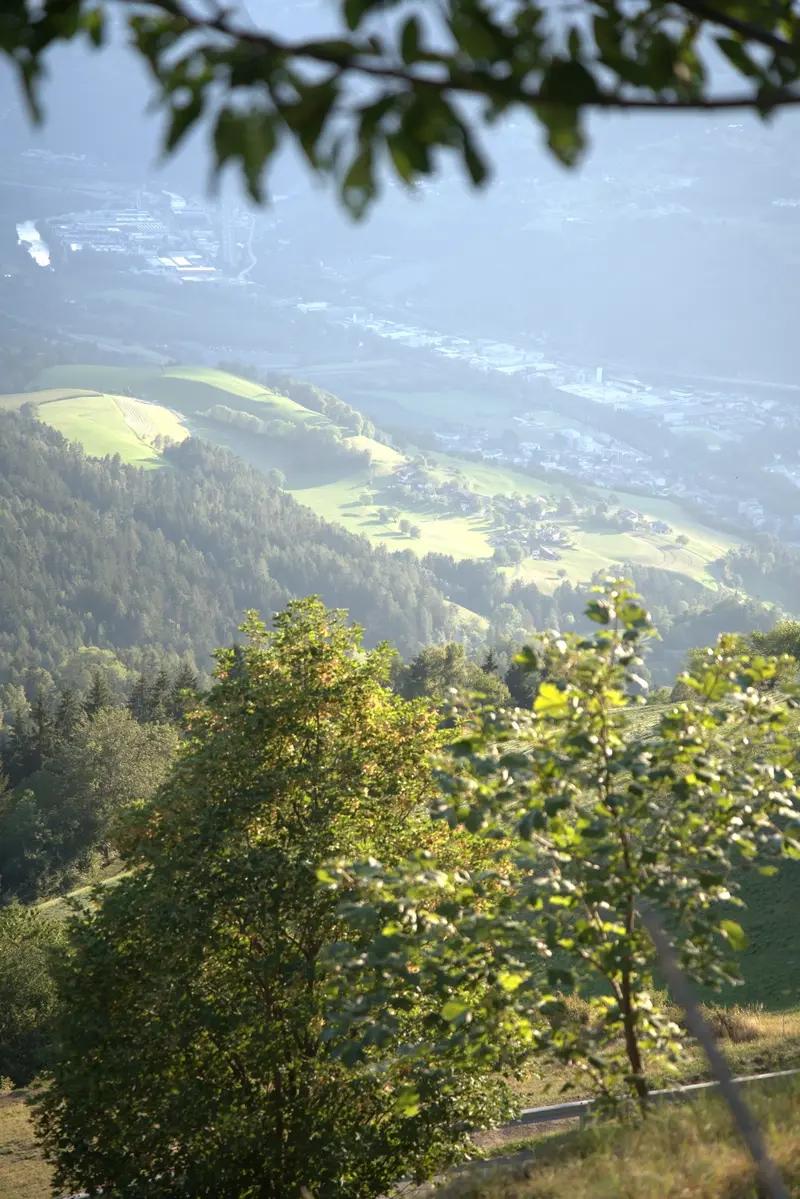 Malerische Aussicht von den steilen Berghängen des Kräuterhofs auf das grüne Tal in Südtirol.
