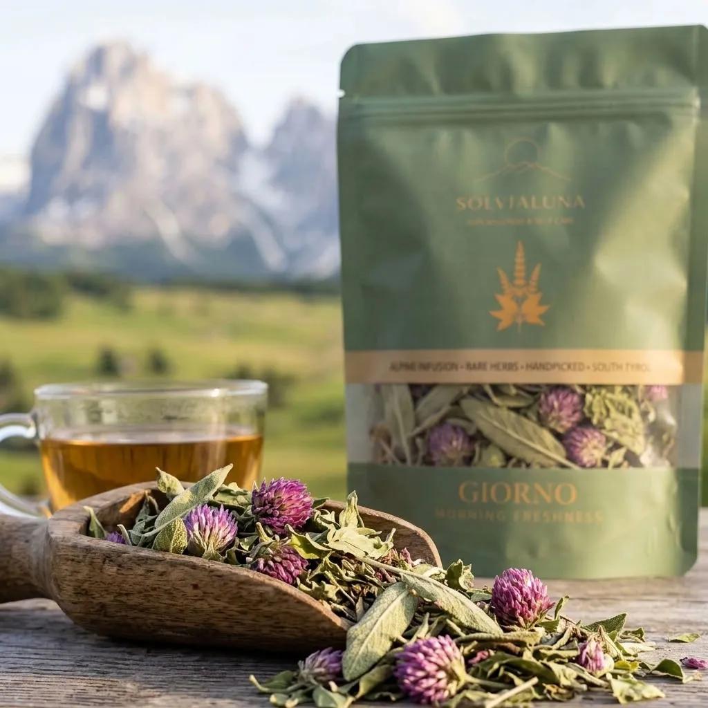 Solvialuna "Giorno" Alpenkräutertee vor Südtiroler Bergkulisse mit einer Holzschaufel voll loser Kräuter und Klee sowie einer frisch aufgebrühten Glastasse Tee.