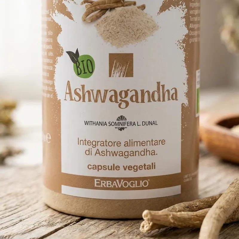 Nahaufnahme des Etiketts von Erbavoglio Bio Ashwagandha pflanzlichen Kapseln