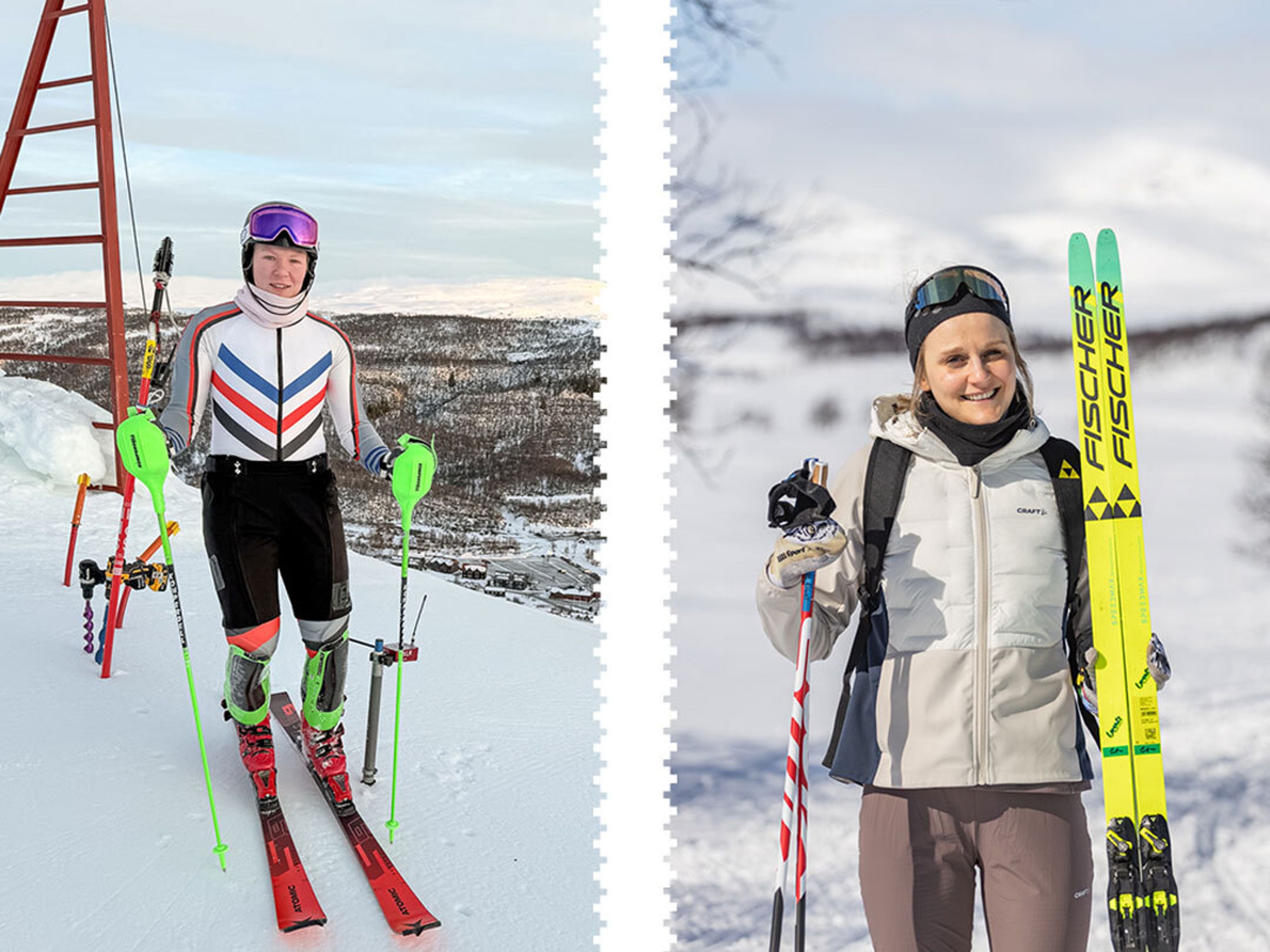 Två bilder på kvinnor en som håller i skidor och en som som håller i skidstavar.