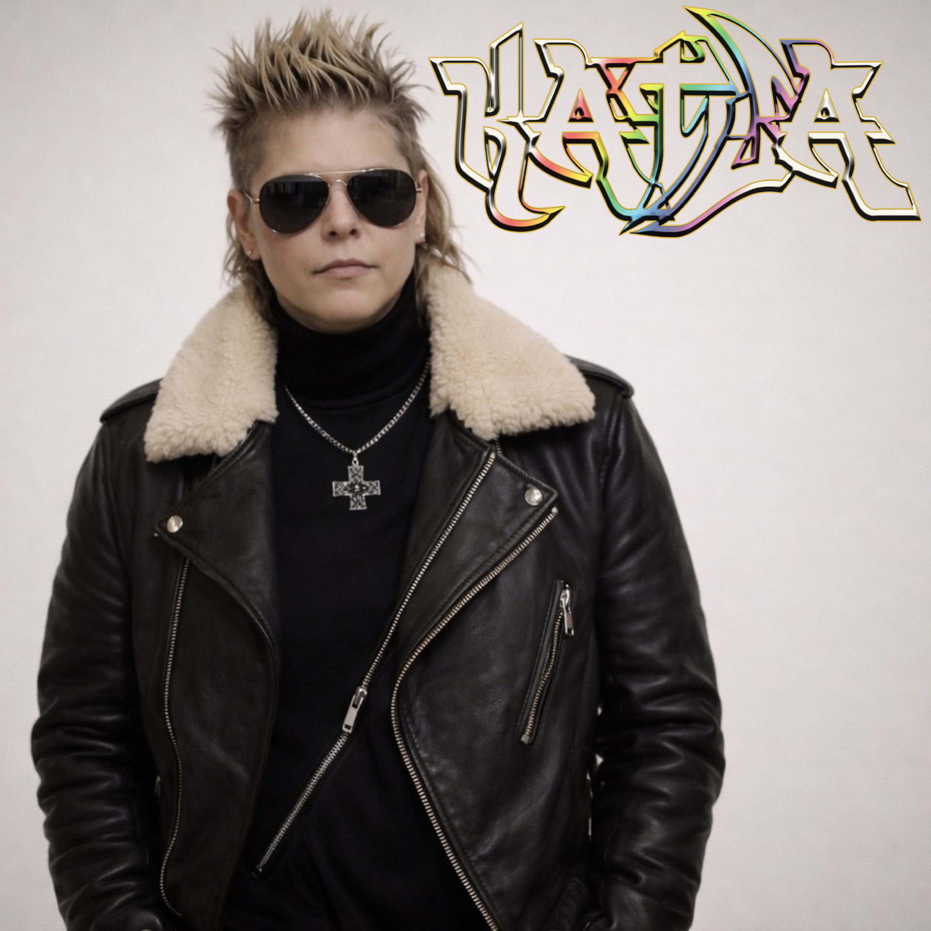 A person with a spiky mullet, sunglasses, black turtleneck, leather jacket with a shearling collar, and a cross necklace. Stylized "KATLA" text in colorful letters is in the upper right.