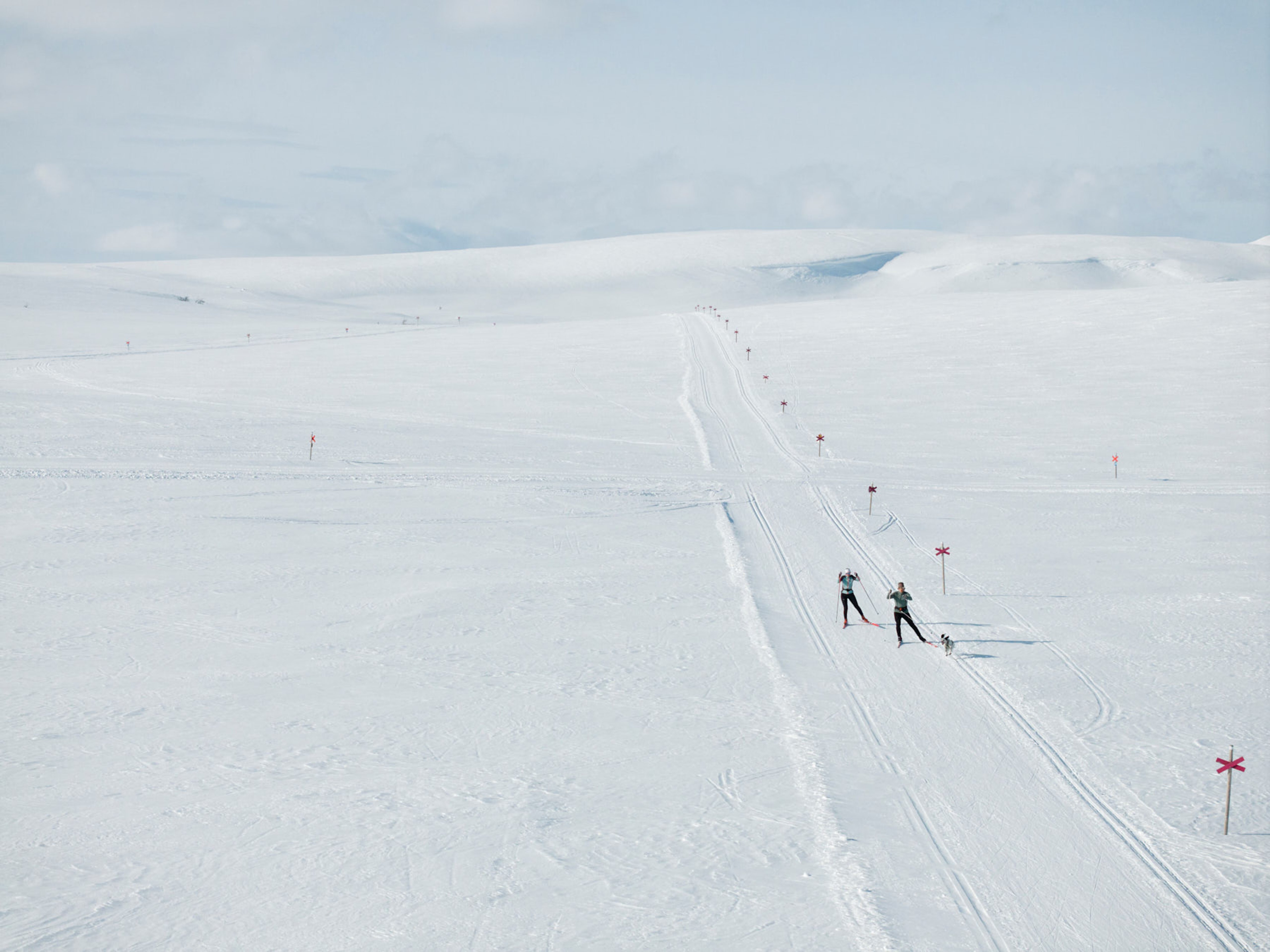 A few people cross-country skiing in the mountains.