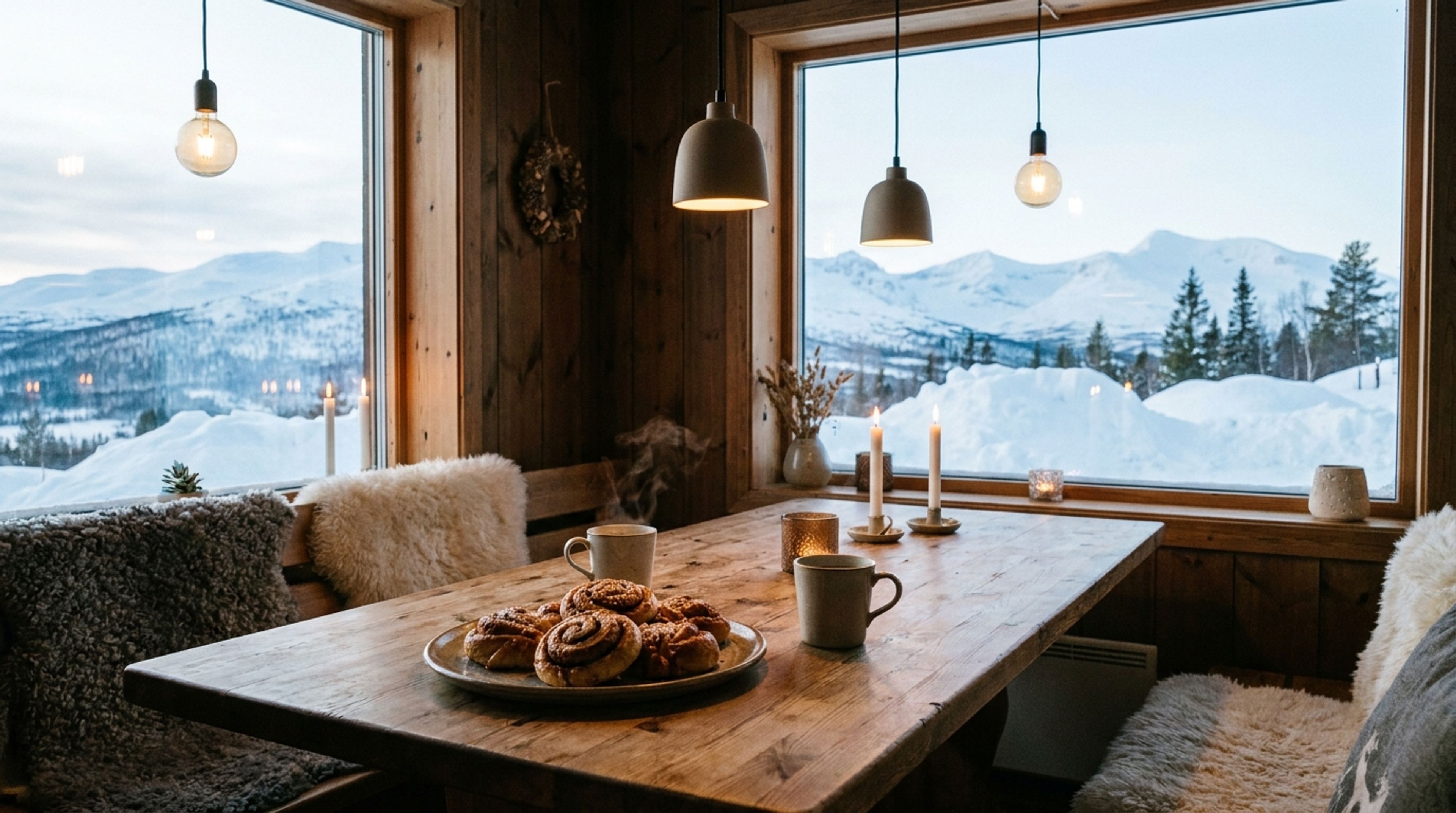 Fika med kanelbullar på fjällkafé