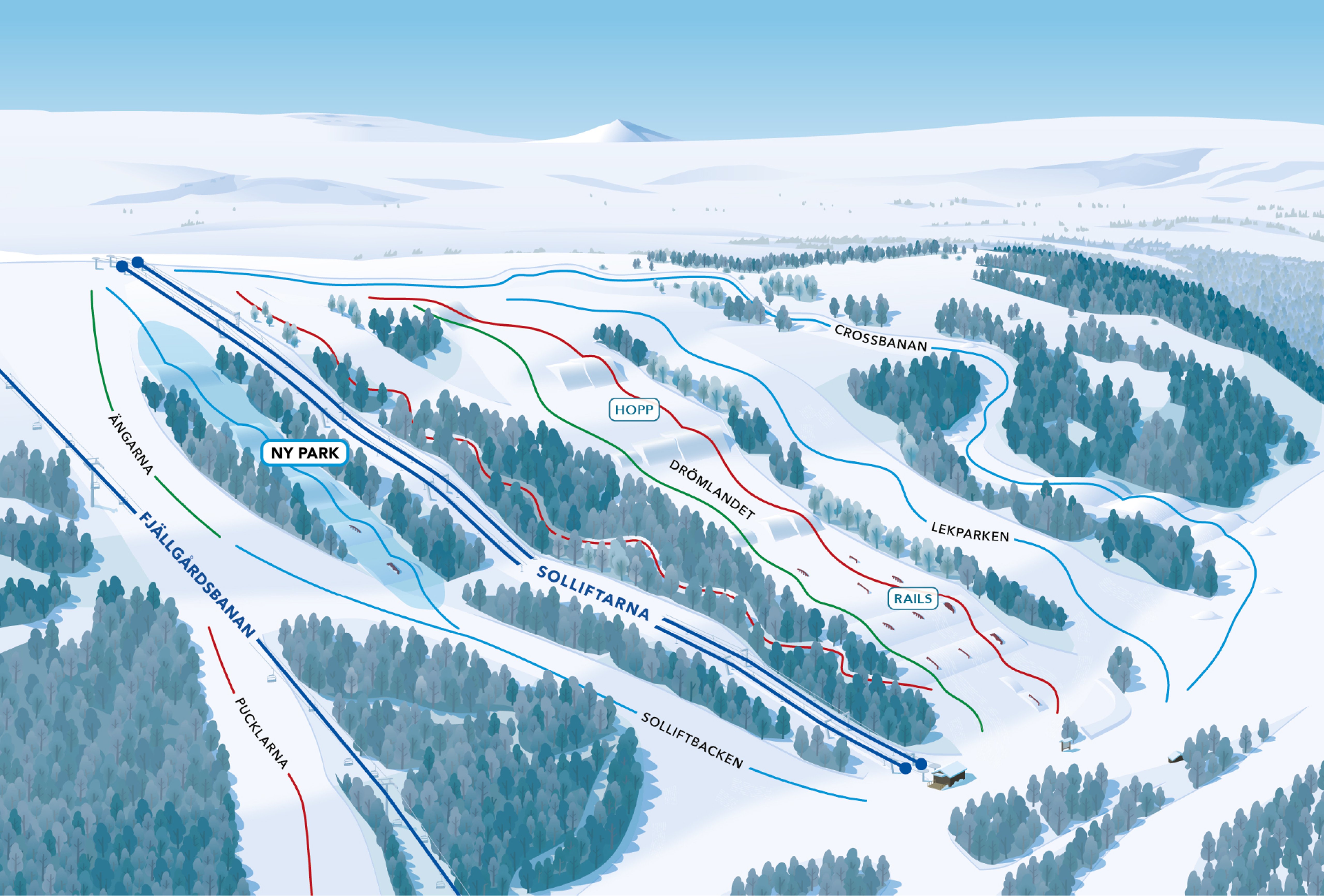 En karta över en skidort i snön.
