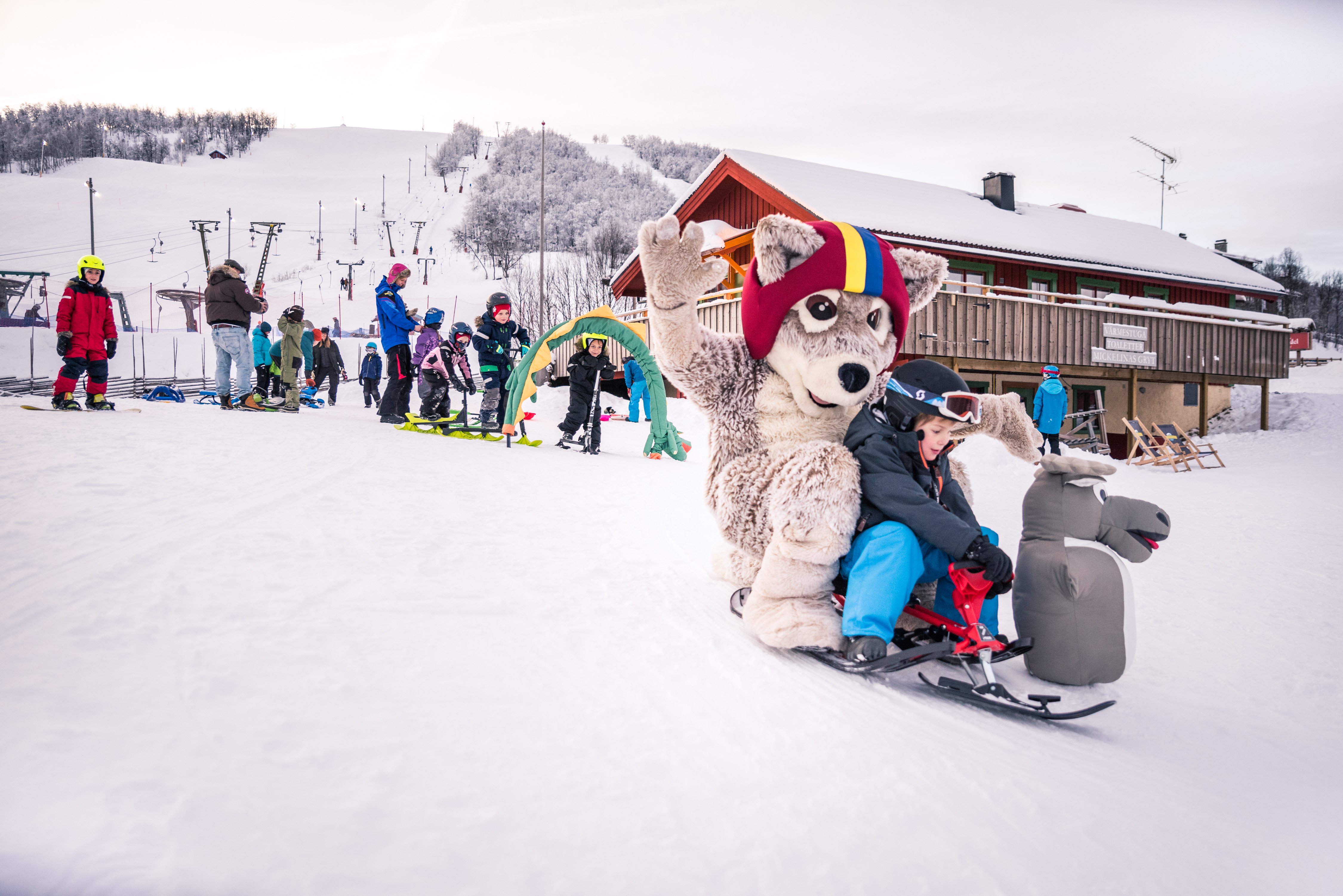 A child sledding down a snow-covered slope with a mascot.
