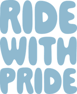 The words “ride with pride” written in blue.