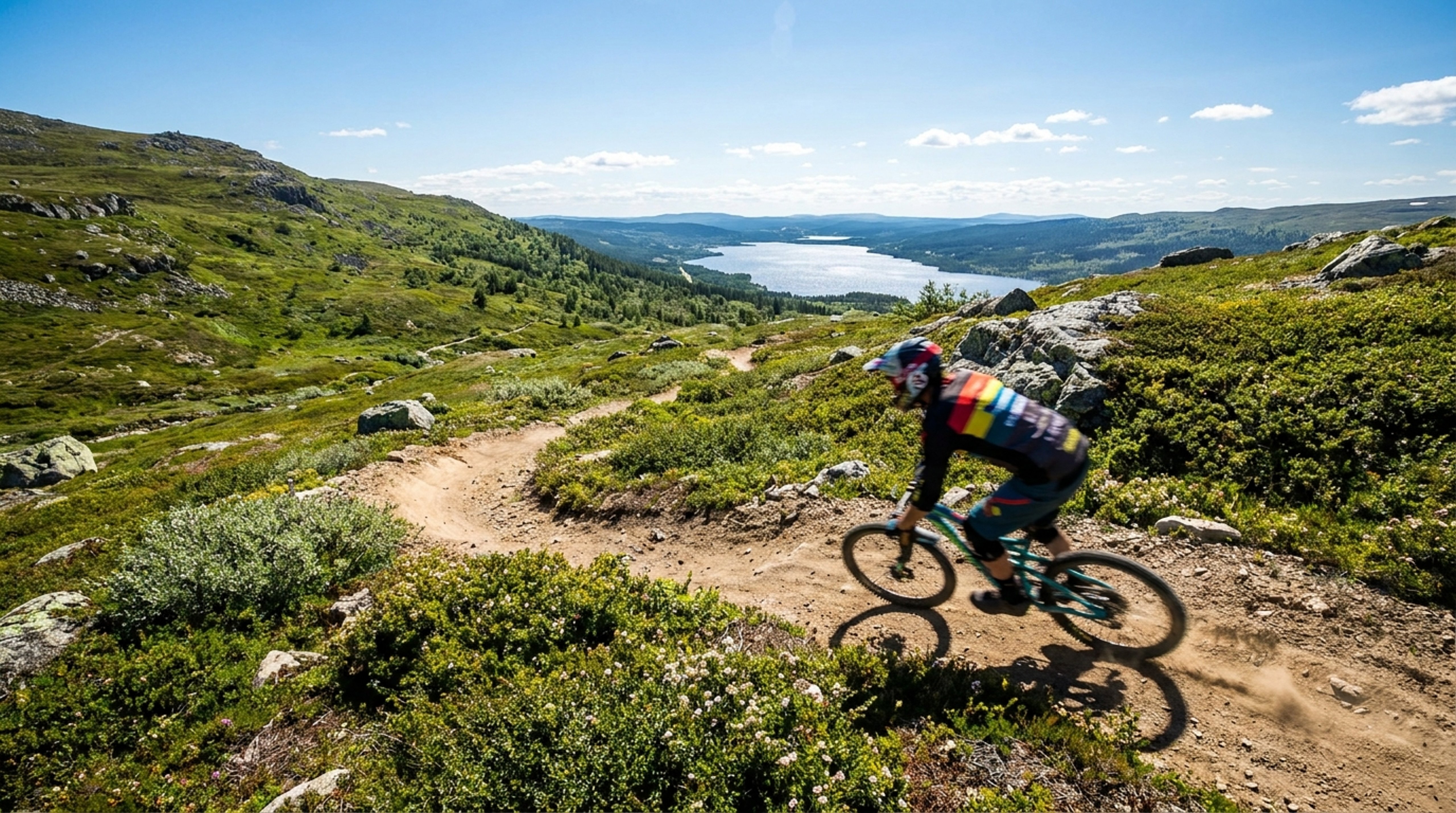 Cyklist på led i sommarlandskap