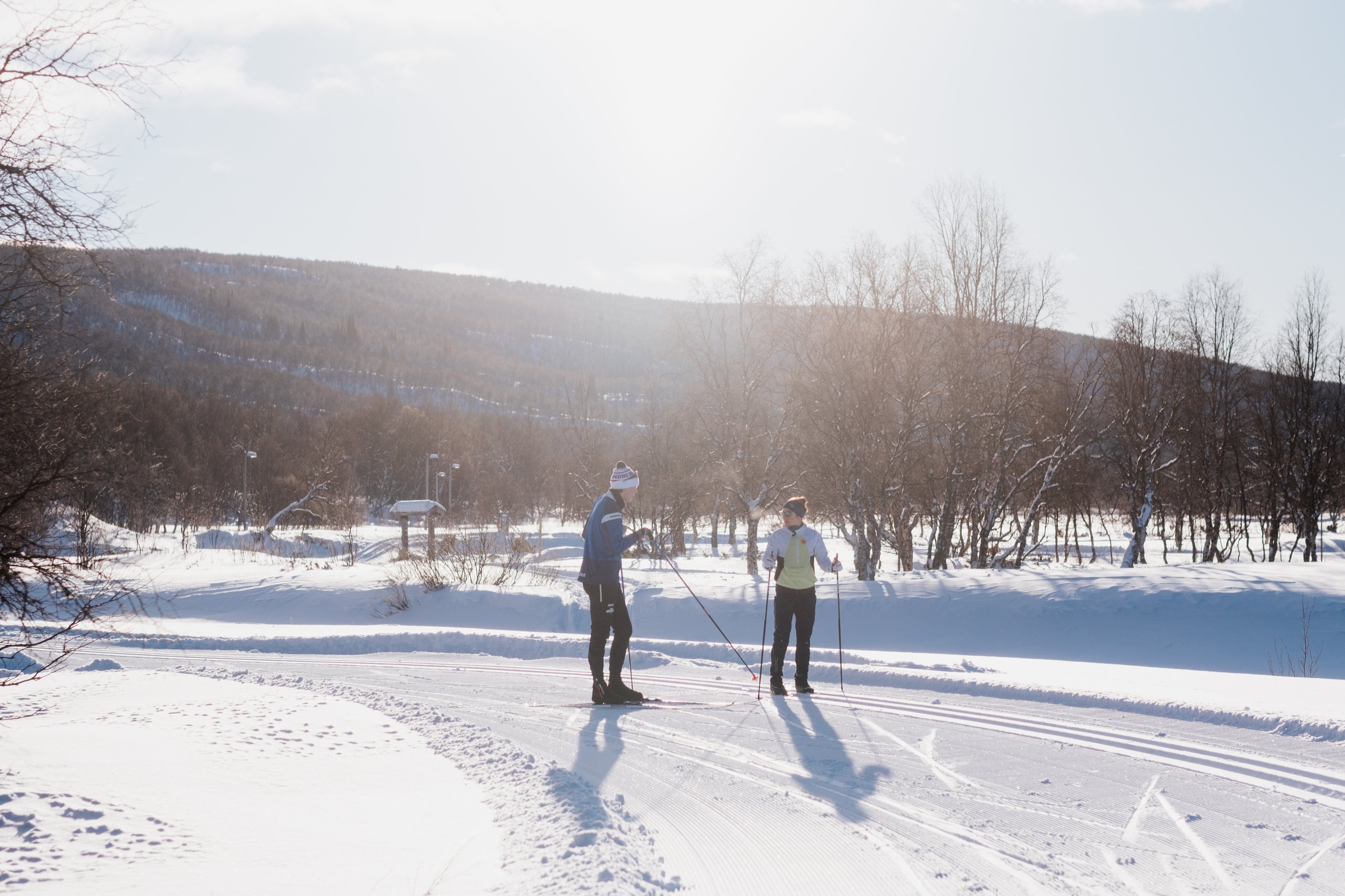 Några personer som åker längdskidor i ett snöigt landskap.