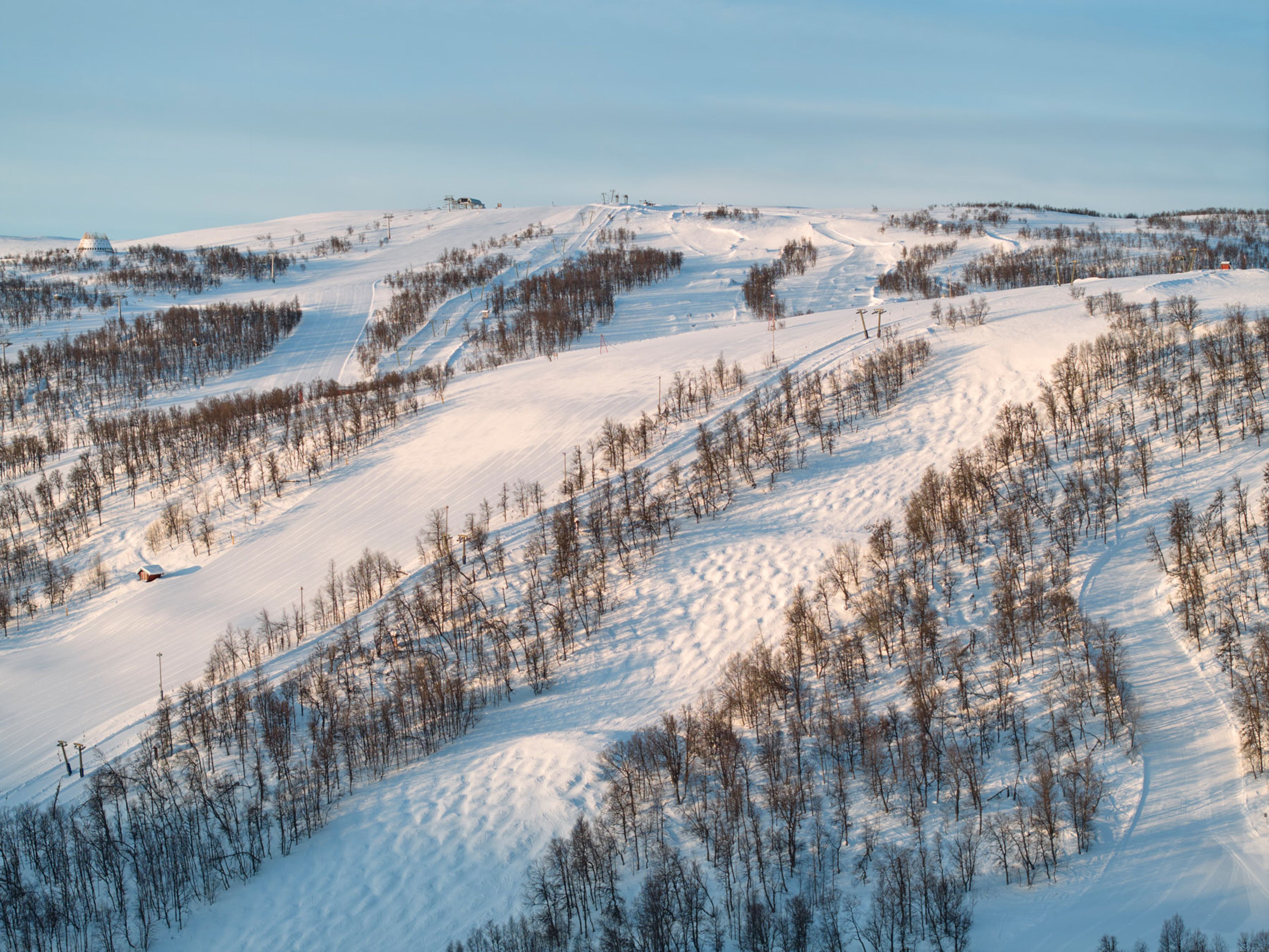 Aerial view of a snowy ski resort with multiple slopes, ski lifts, bare trees, and mogul fields.