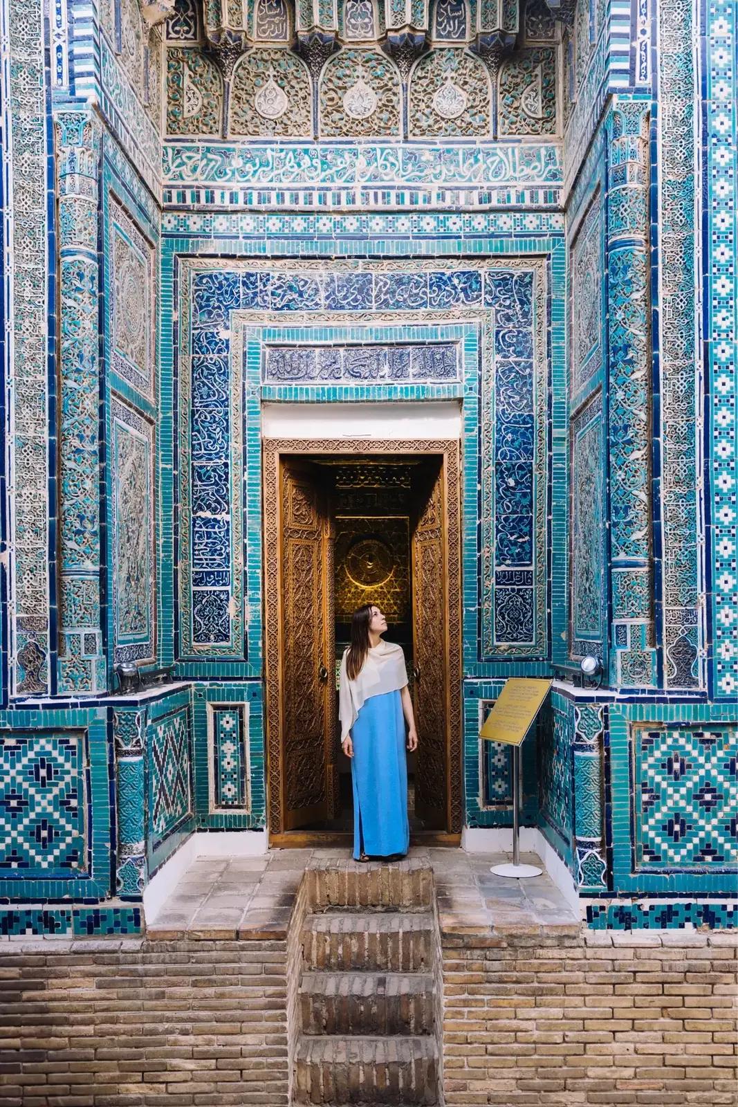 The tiled facade of a historic madrasa in Uzbekistan