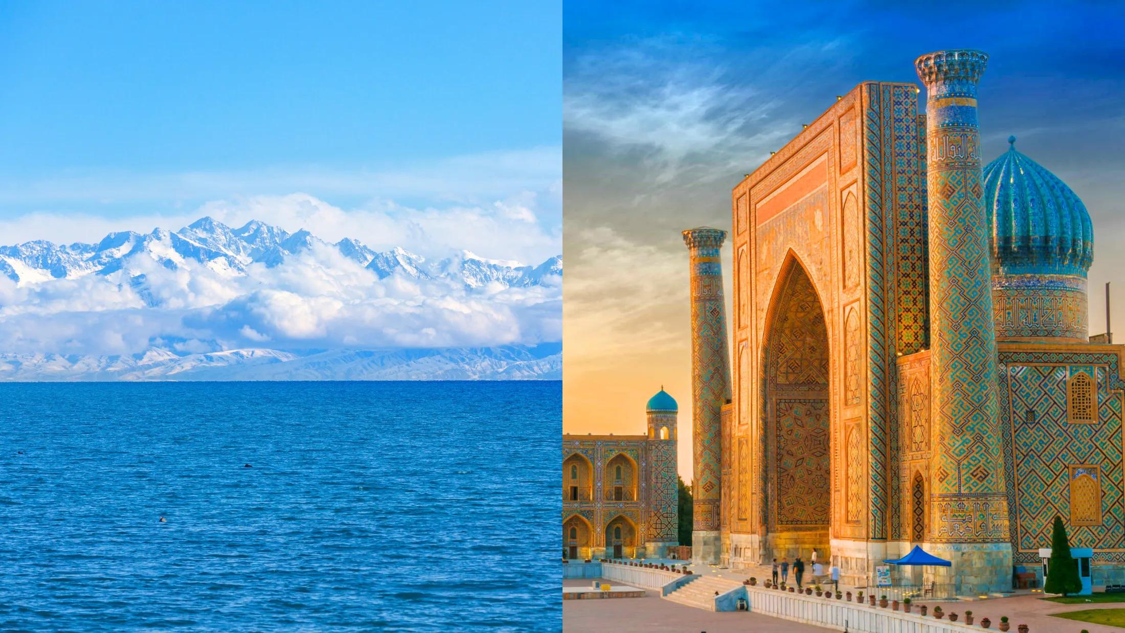 A traveller crossing a historic square in Central Asia