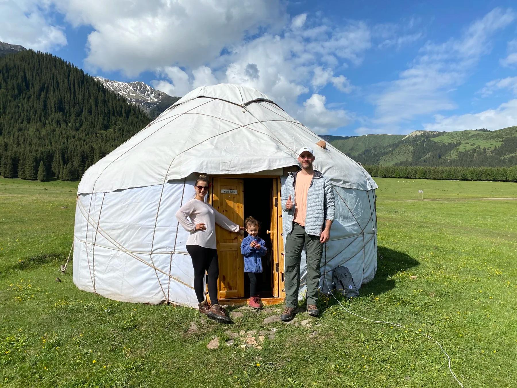 Tourists and a Kyrgyz yurt in Kok Jayik valley