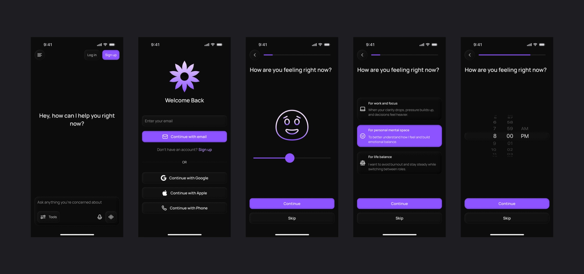 Onboarding flow — welcome, sign-up, mood check, use-case and peak hours