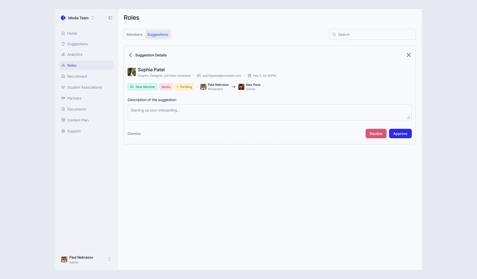 Roles — suggestion detail with approve / decline