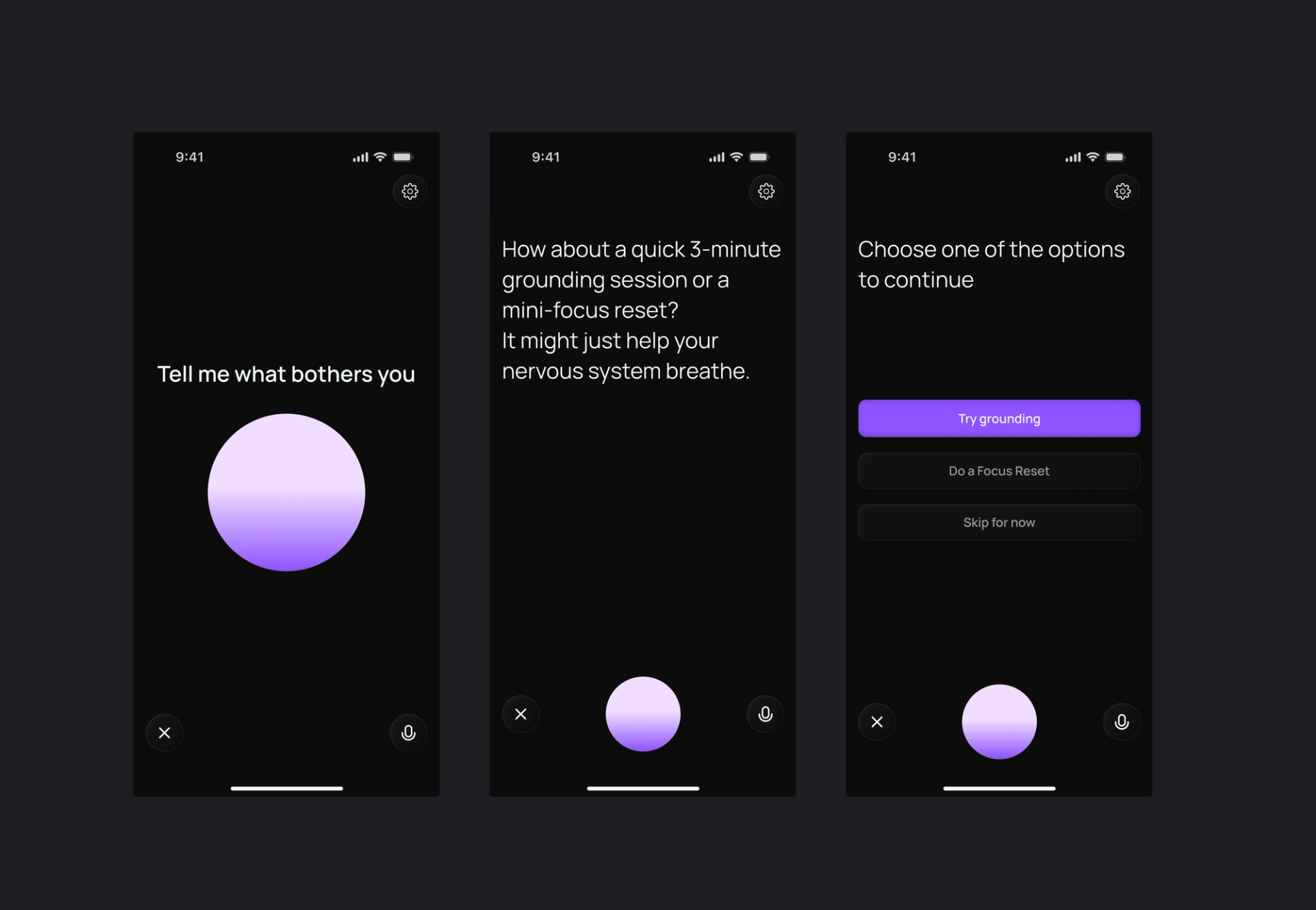 AI check-in — voice orb, grounding prompt, session choice