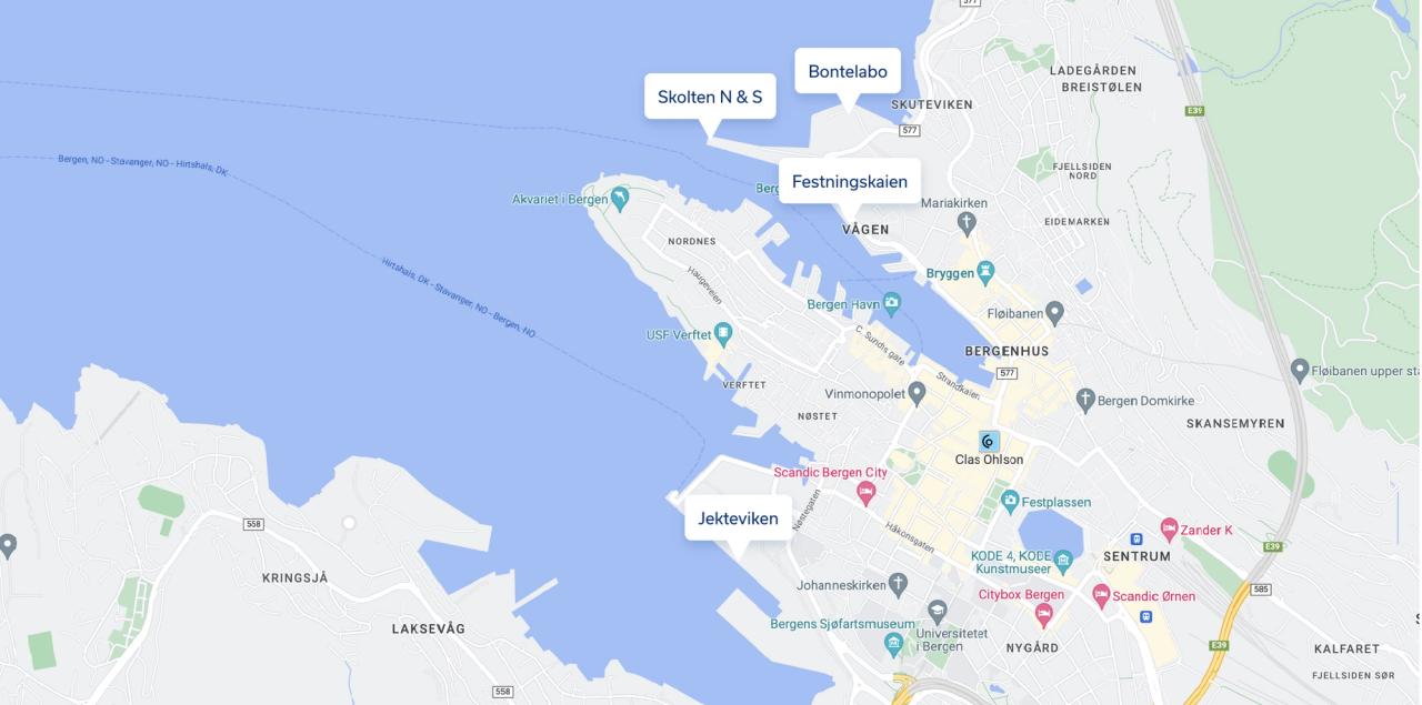 Map of the cruise quays in central Bergen: Skolten N and S, Bontelabo and Festningskaien at the entrance to Vågen harbour, Tollboden on the Nordnes side, and Jekteviken on Puddefjorden.