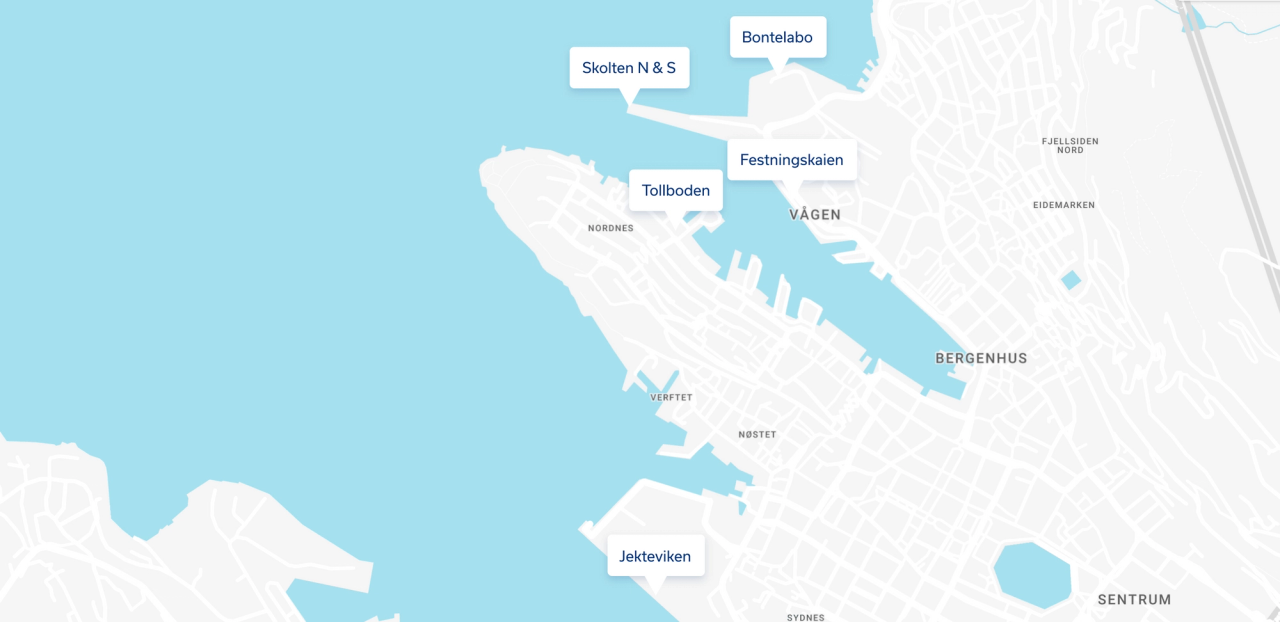 Kart over cruisekaiene i Bergen sentrum: Skolten N og S, Bontelabo og Festningskaien ved innseilingen til Vågen, Tollboden på Nordnes-siden og Jekteviken ved Puddefjorden.