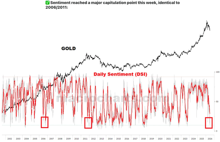 Long-term chart of gold prices and the Daily Sentiment Index (DSI), showing current sentiment falling to levels similar to the major gold market bottoms in 2006 and 2011.