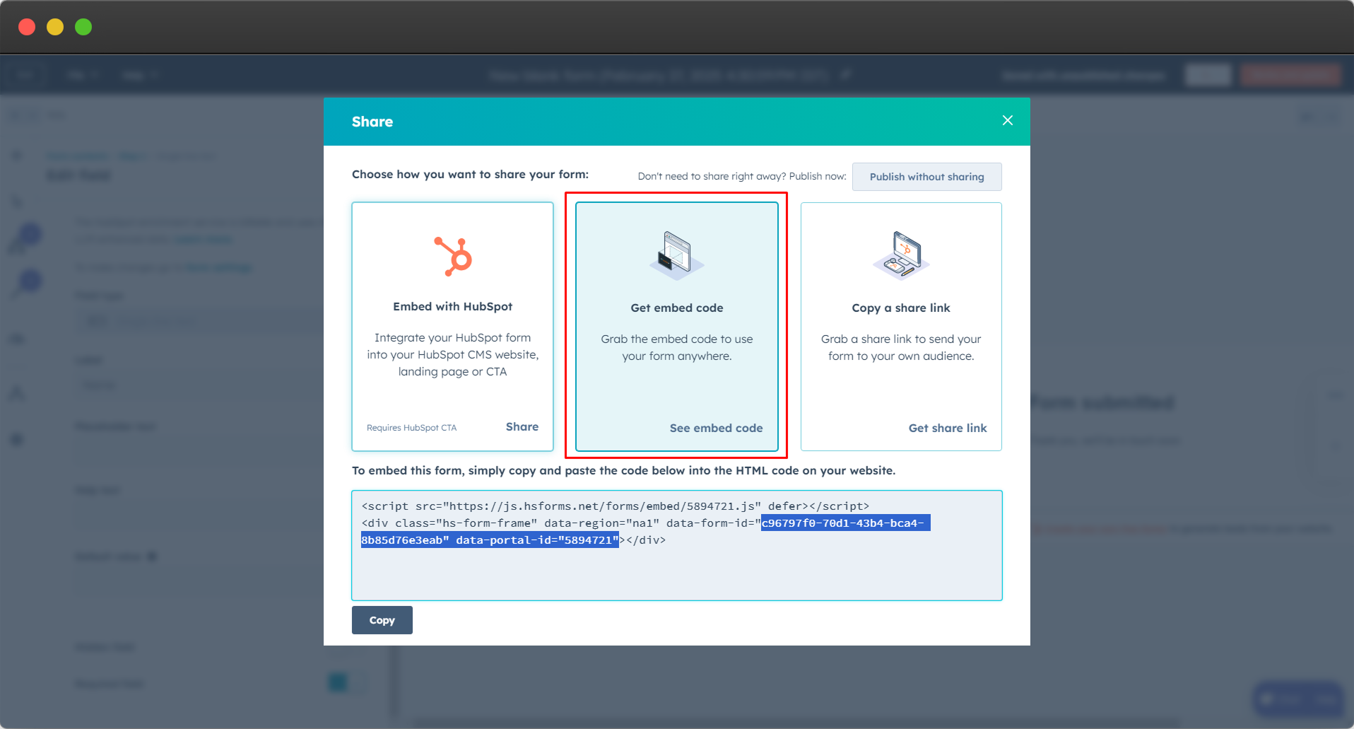 hubspot See embed code