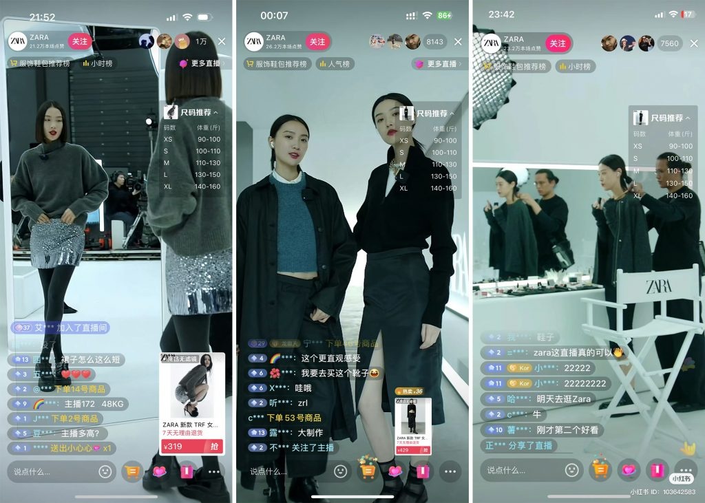 Screenshots from Zara's November 17 livestream. Photo: Weibo, Xiaohongshu