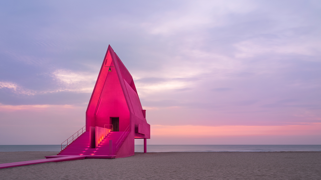 Between September 22 and October 31, the Aranya Community Hall was painted in the Pink PP shade. Photo: Courtesy of Valentino