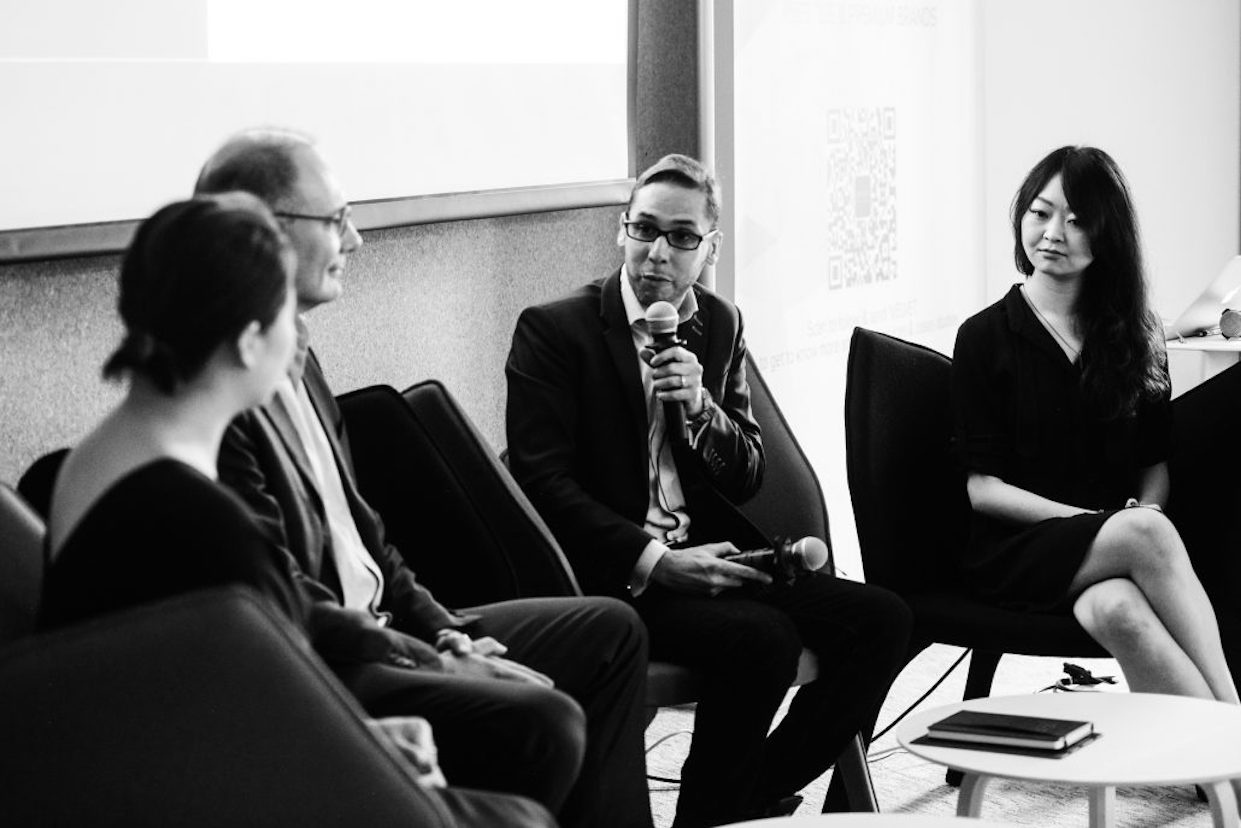 A panel discussion featured Thibault Villet (middle) from Mei.com, Persephone Zhu (left) from Alibaba, and Laura Ni (right) from JD.com, during the Shanghai Fashion Web talk in September. (Courtesy Photo)