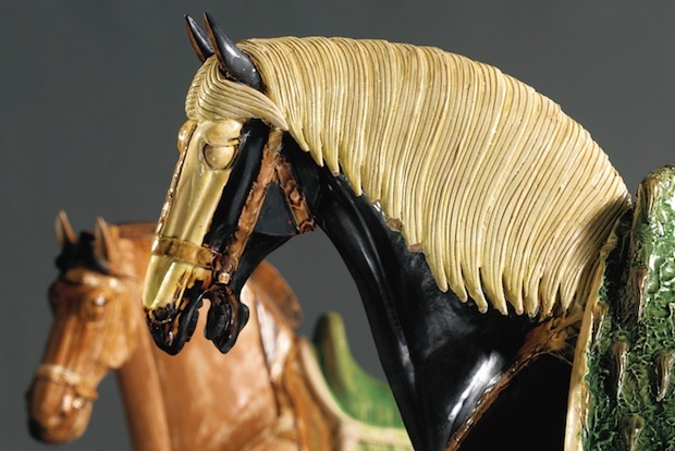 A close-up from a pair of sancai-glazed horses that sold at Sotheby's for $4.2 million, almost double their $2.5 million estimate. (Sotheby's)