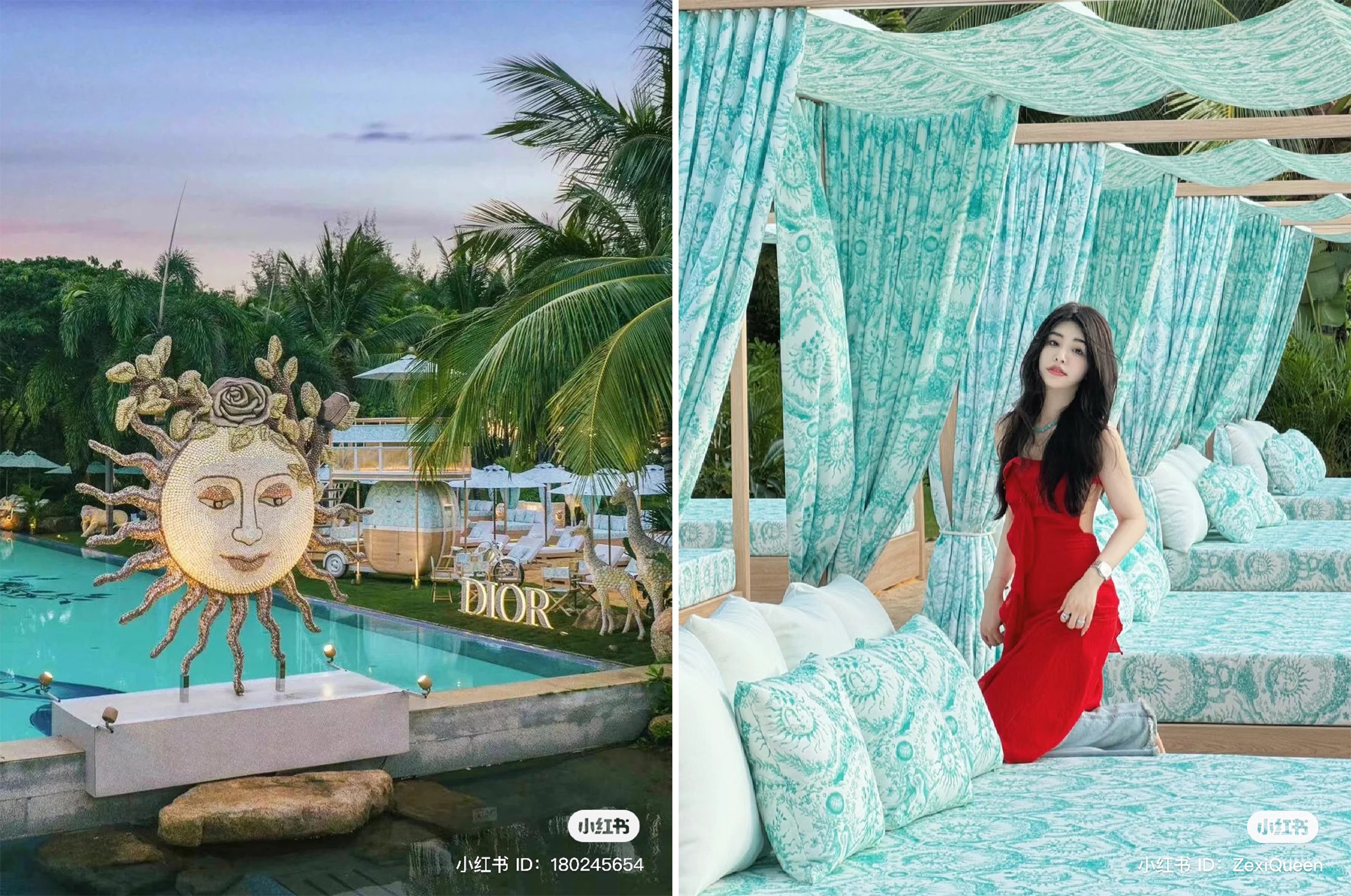 Dior’s 2024 pop-up at the Sanya Edition hotel features sun motifs, animal sculptures, and a mint green theme. Image: Xiaohongshu