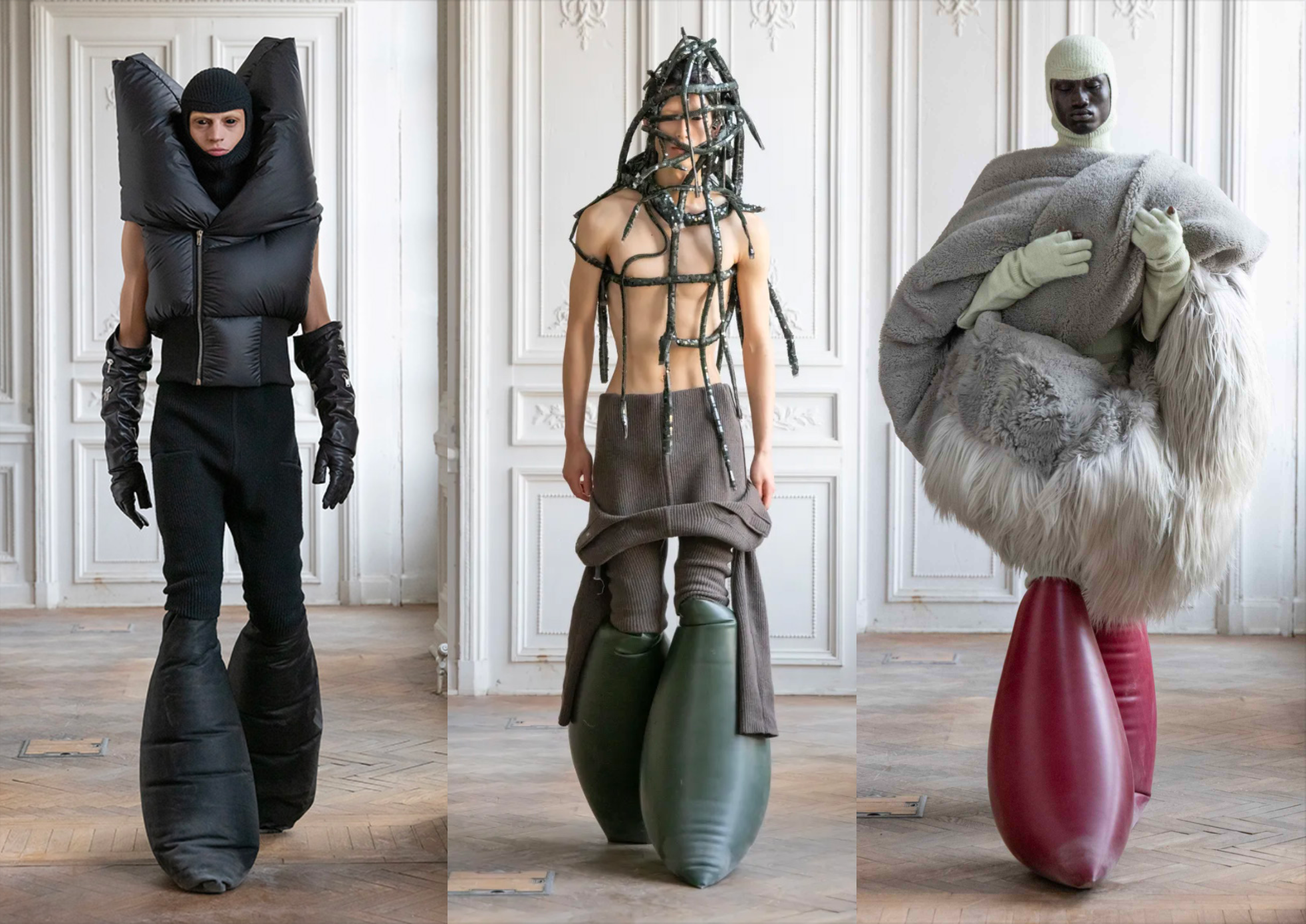 Rick Owens used recycled materials to convey the dichotomy between utopian visions and the grotesque. Photo: FootwearNews.com